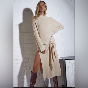 Livify, long beige dress, unique tie around the hips, nice with brown tall boots